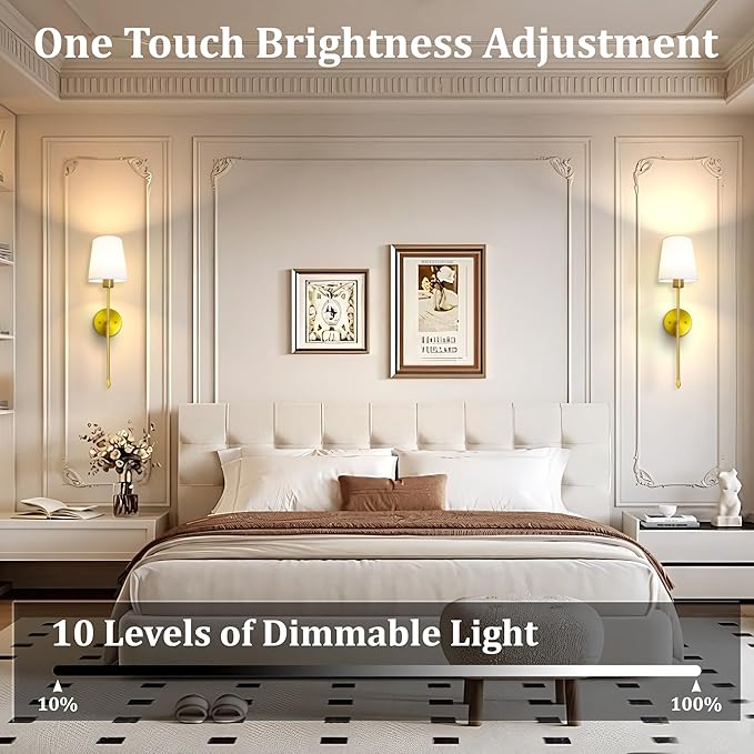Battery Operated Wall Sconce Set of 2, 15 Colors Rechargeable Wall Lights with Dimmable Bulbs and Remote, Gold Wireless Wall Lamp for Living Room Hallway Bedroom - Bloomnest