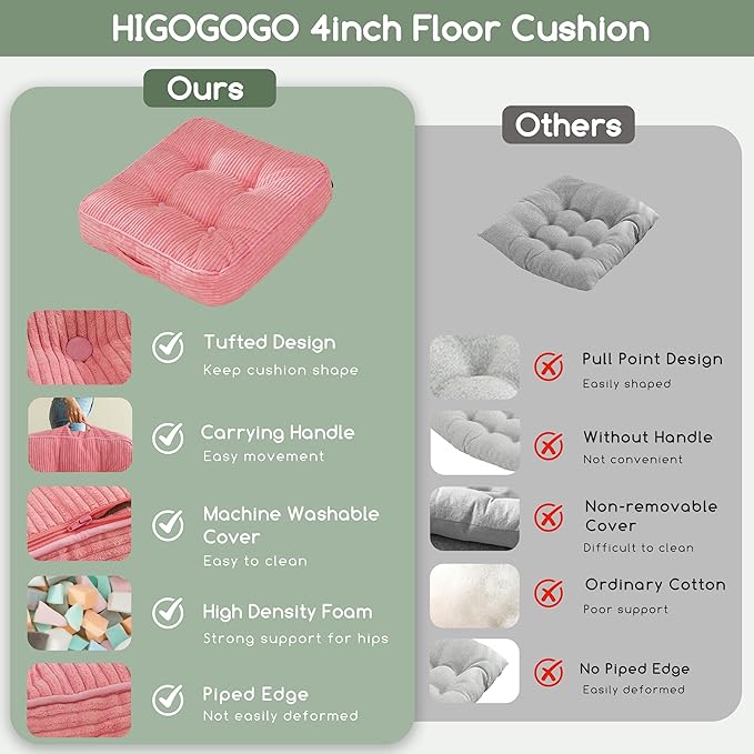 HIGOGOGO Washable Floor Pillow Cushion for Adults, Meditation Cushion Pillow, Large Square Floor Sitting, Removable Tufted Corduroy Cover, for Tatami Living Room or Yoga, 22x22 Inch, Machine Washable - Bloomnest
