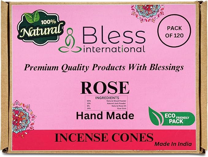 Bless International Rose 100%-Natural-Incense-Cones Handmade-Hand-Dipped Organic-Chemicals-Free for-Purification-Relaxation-Positivity-Yoga-Meditation The-Best-scents (120 Count)