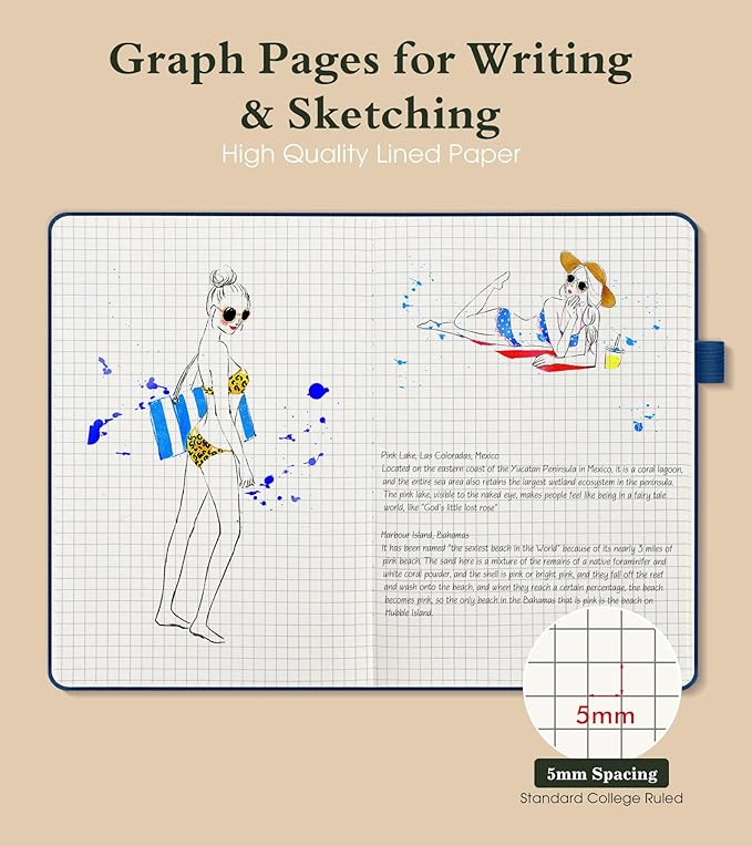PAIBAS Graph Notebook for Women Men, 160 Pages Grid Paper, Graphing Notebooks for School, Work, Quad Ruled, Inner Pocket, A5 Hardcover Vintage Leather Journals for Writing, 5.8"x8.5" (Navy) - Bloomnest