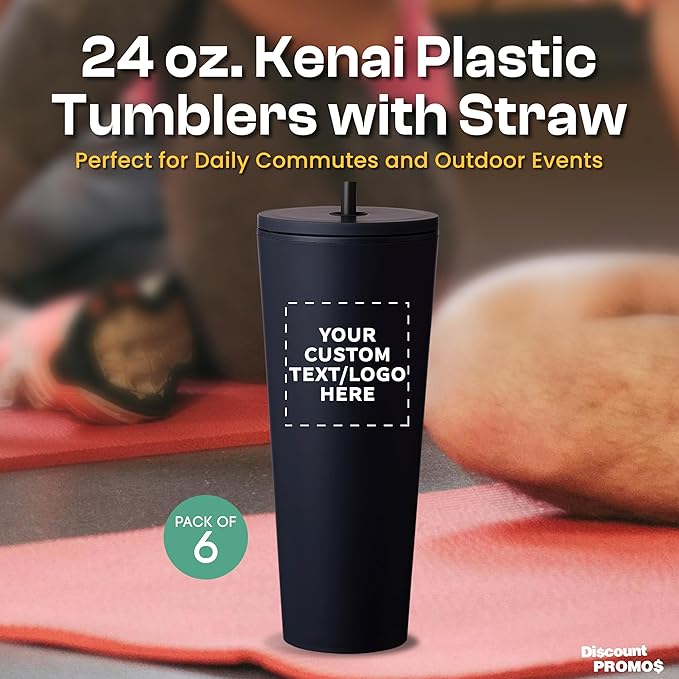 DISCOUNT PROMOS Custom Kenai Plastic Tumblers with Straw 24 oz., Set of 6, Personalized Bulk Pack - Ideal for Busy Professionals, With lids, Ice Coffee Tumbler, To Go Cup, Insulated - Black - Bloomnest