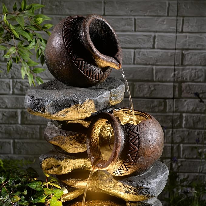 Garden Water Fountain Outdoor Decor - 38.4" 3 Tier Standing Cascading Waterfall Outdoor Water Fountain with LED Lights & Pumps,Natural Design for Garden,Patio, Porch, Backyard, Home Art Decor - Bloomnest