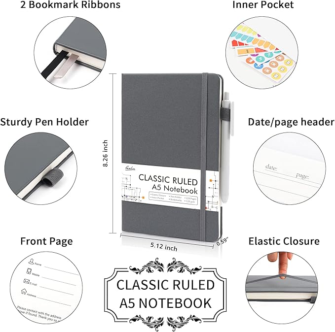 feela 24 Pack Journal Notebook for Work, Business Notebook Bulk Hardcover Lined Writing Journal with Pen Holder for Men Women Note Taking, with 24 Black Pens, 120 GSM, 5.1”x8.3”, A5, Gray - Bloomnest