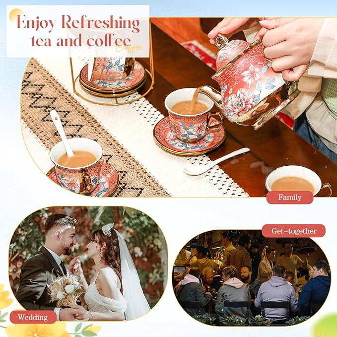 20 Pcs Porcelain Tea Set for Adults with Metal Holder and Spoon European Ceramic Tea Party Set Flower Painting Teapot Cup Saucer for Christmas Women Gifts, Serving 6 People(Attractive) - Bloomnest