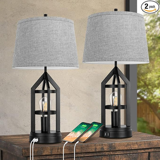 BesLowe 2-Light Farmhouse Rustic Touch Table Lamps Grey, 3-Way Dimmable Bedside Lamps with 2 USB Ports for Bedroom, End Table Lamps for Living Room with Gray Shades, 4 LED Bulbs Included, Set of 2 - Bloomnest