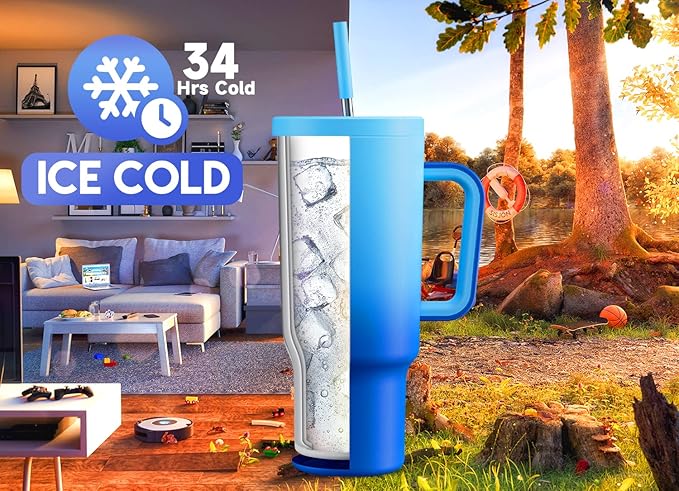 Meoky 40oz Tumbler with Handle, Leak-proof Lid and Straw, Insulated Coffee Mug Stainless Steel Travel Mug, Keeps Cold for 34 Hours or Hot for 10 Hours (Sky) - Bloomnest