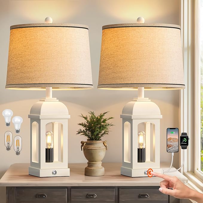 QiMH Table Lamp for Living Room, Farmhouse Lamps Set of 2 with USB A+C and Nightlight, 26" Rustic Bedside Lamps with 3-Way Dimmable, Touch Nightstand Lamp for Bedroom, White - Bloomnest