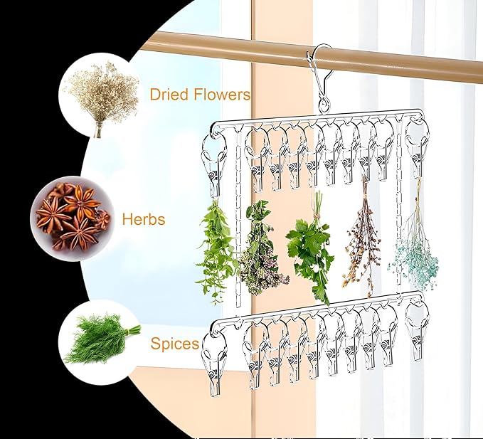 2 Pack Herb Drying Rack, Stainless Steel Herb Drying Rack Hanging with 20 Hooks, 2 Tiers Dryer Rack for Herb Macrame Flower - Bloomnest