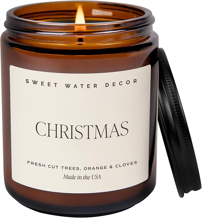 Sweet Water Decor Christmas Soy Candle | Apple Cider, Cinnamon, Clove, Fresh Cut Christmas Tree Scented Candles for Home | 9oz Amber Jar + Black Lid, 40+ Hour Burn Time, Made in The USA - Bloomnest
