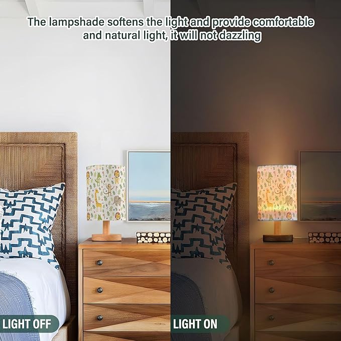 Jungle Animal Pattern Table Lamp with Wood Base and Fabric Shade for Living Room, Bedroom or Kids Room - Bloomnest