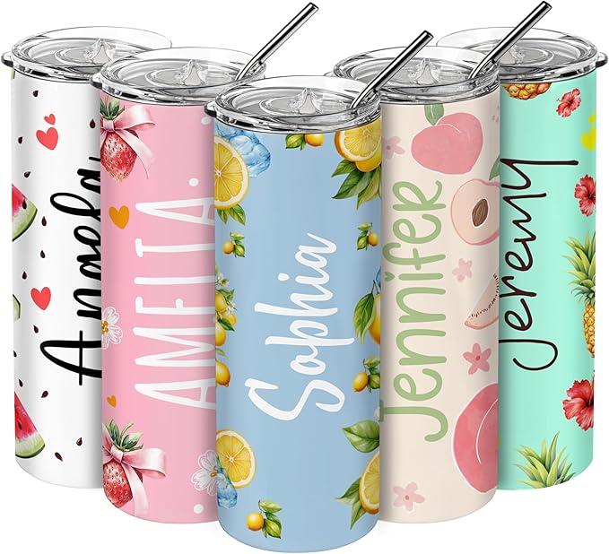 Personalized 20 Oz Skinny Tumbler - Custom Name Skinny Tumbler with Summer Design, BPA-Free Stainless Steel, 6 Designs - Customized Summer Gift - Bloomnest