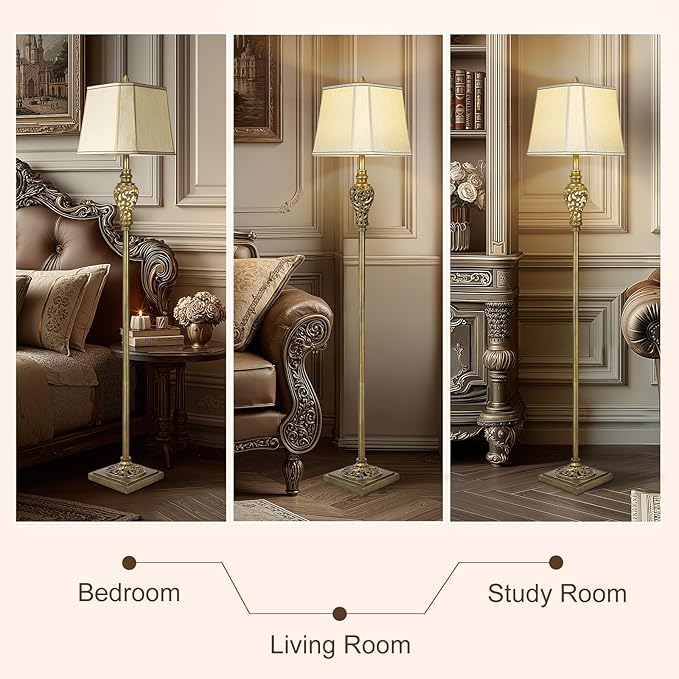 Vintage Floor Lamp for Living Room, 65" Tall Lamp with Nightlight and Beige Faux Silk Shade, Farmhouse Standing Lamp for Bedroom, Office Corner, or Study, Elegant Rustic Home Decor (LED Bulb Included) - Bloomnest