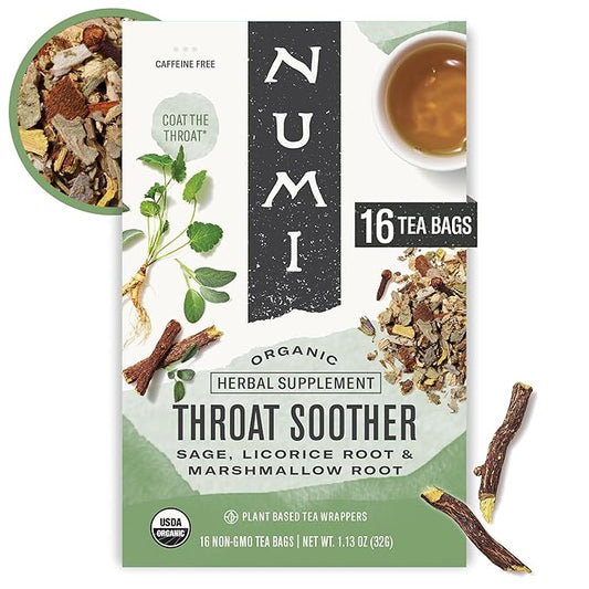 Numi Organic Throat Soother Herbal Tea – 16 Herbal Tea Bags – Caffeine Free Blend with Sage Licorice Marshmallow Root Cinnamon & Clove for Smoothing & Soothing Throat Comfort