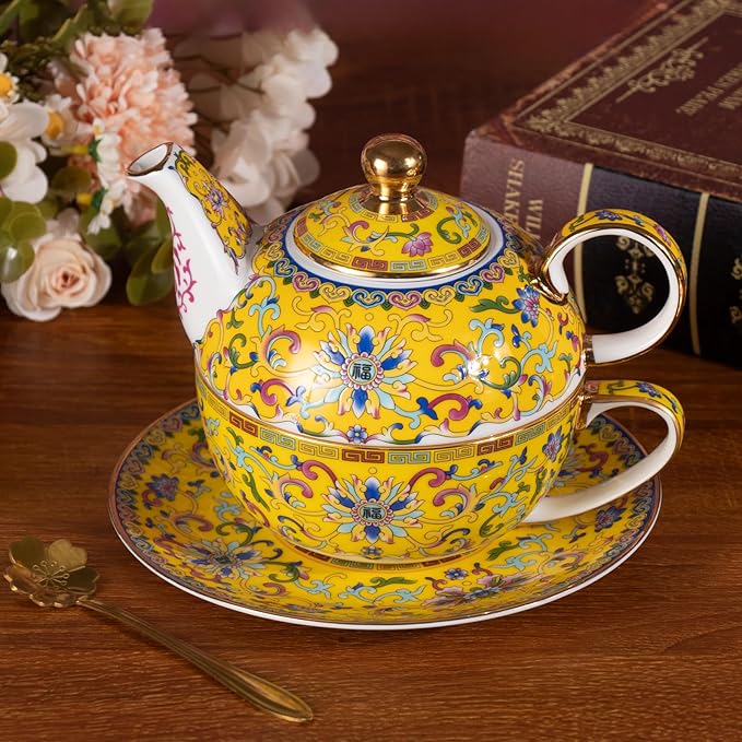 Tea for One, Porcelain Teapot and Cup Set, Vintage Tea Pot and Saucers Set, Ceramic Tea Set for Tea Party, Office and Home, Yellow Tea Cups and Saucer Set for Coffee, Cappuccino, Tea - Bloomnest