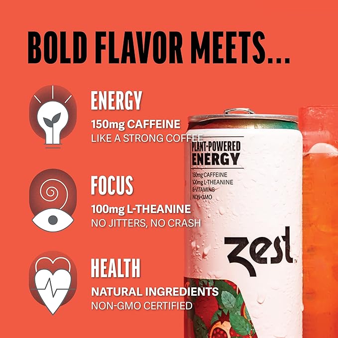Zest Clean Energy Drink – Pomegranate Mint – 150mg Caffeine + 100mg L-Theanine – Natural Focus & Concentration Boost – Healthy Energy Drink 12oz Can 12 Pack – Low Sugar, No Artificial Sweeteners - Bloomnest