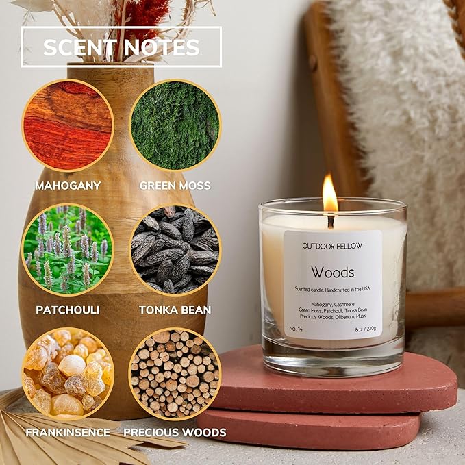 Outdoor Fellow Woods Scented Candle, 8oz, Coconut & Apricot Wax Blend, Mahogany, Cashmere, Patchouli, Tonka Bean, 40-50 Hour Burn Time, Earthy Home Fragrance - Bloomnest