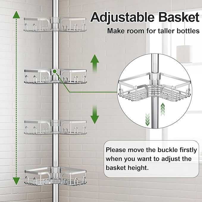 Corner Shower Caddy Tension Pole 4 Tier Adjustable Stainless Steel Shower Shelf for Inside Shower Bathtub Shampoo,Standing Bathroom Organizer Shelves with 39 to 113 inch Height - Bloomnest