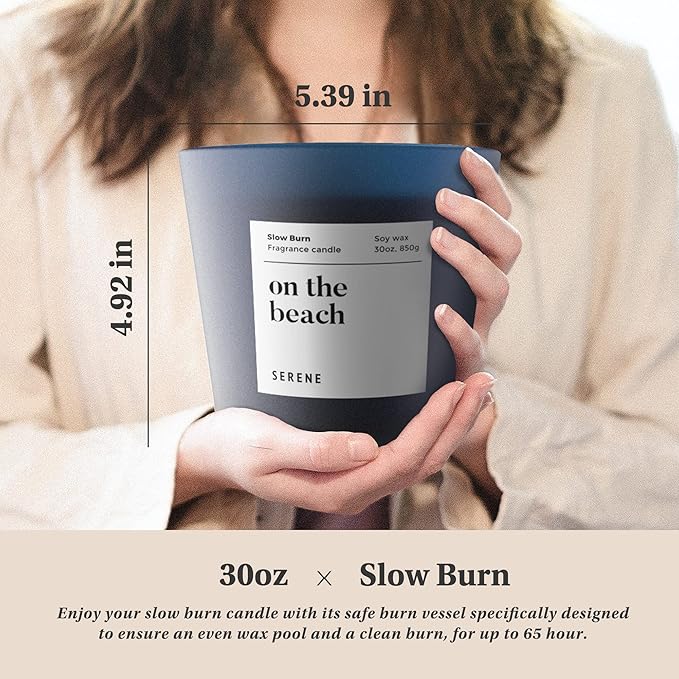 Hidden Label Large Scented Candle, On The Beach, 30oz 3 Wick Huge Candle, Serene Collection Slow Burn Natural Soy Candles for Home Scented - Bloomnest