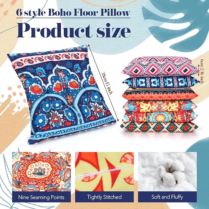 Menkxi 6 Pcs Bohemian Floor Pillows Seating 15 Inch Boho Floor Cushions Sitting Pillows Square Yoga Mandala Meditation Pouf for Living Room Balcony Office Tatami(Classic) - Bloomnest