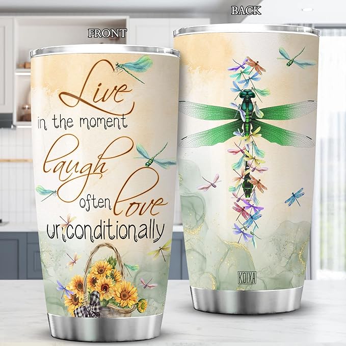 Live Laugh Love Dragonfly Insulated Tumbler 20 Oz Sunflowers Dragonflies Vintage Animal Print Coffee Cup With Lid Cute Dragonfly Things Motivational Birthday Gifts For Women - Bloomnest
