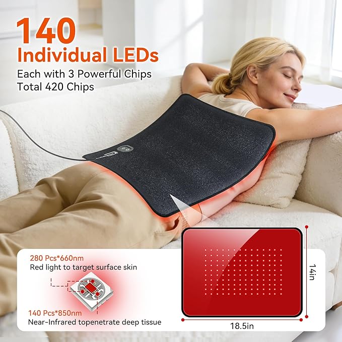 140 LEDs Red Light Therapy Mat for Full Body, 18.5" x 14" TPU Infrared Light Therapy, 3-in-1 LEDs (660nm & 850nm) Premium Foldable Mat with Timer Controller & Pulse Modes for Home Use, 24W