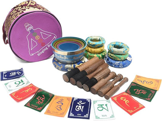 Tibetan Singing Bowl Set-Authentic Cuencos Tibetanos for Sound Healing, Meditation & Chakra Balancing - Includes Cushion, Mallet-Unique Spiritual Gifts for Women and Men (7 Chakra Color Set) LNYSI