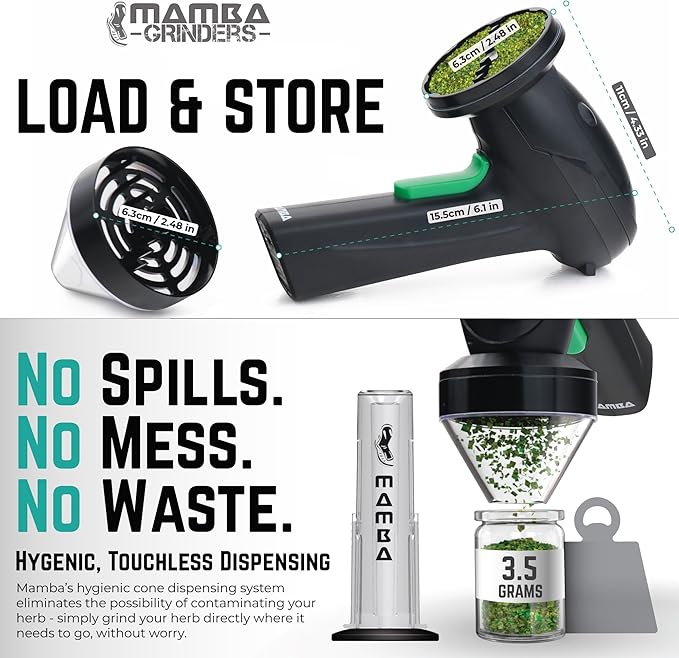 Mamba Monster 3.5g Black USB Electric Herb Grinder. Large Capacity Portable Metal Herbal Machine & Spice Mill for the Kitchen - Bloomnest
