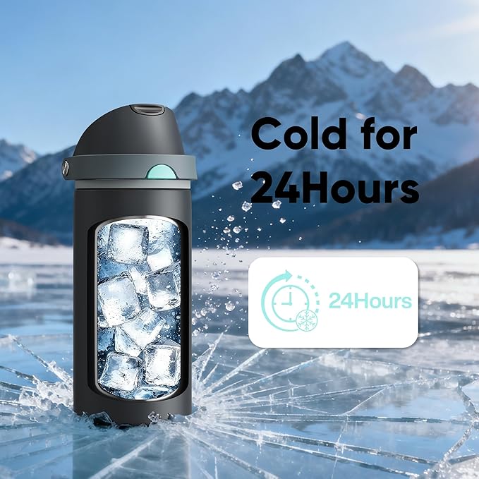 Insulated Water Bottle with Straw - Encool Stainless Steel Water Bottle with Push Button Lid, Leak-Proof & BPA-Free, Keeps Cold for 24 Hours for Sports, Travel, Gym (18 oz, Tuna Grey-Green) ENCOOL