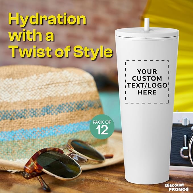 DISCOUNT PROMOS Custom Kenai Plastic Tumblers with Straw 24 oz., Set of 12, Personalized Bulk Pack - Ideal for Busy Professionals, With lids, Ice Coffee Tumbler, To Go Cup, Insulated - White - Bloomnest