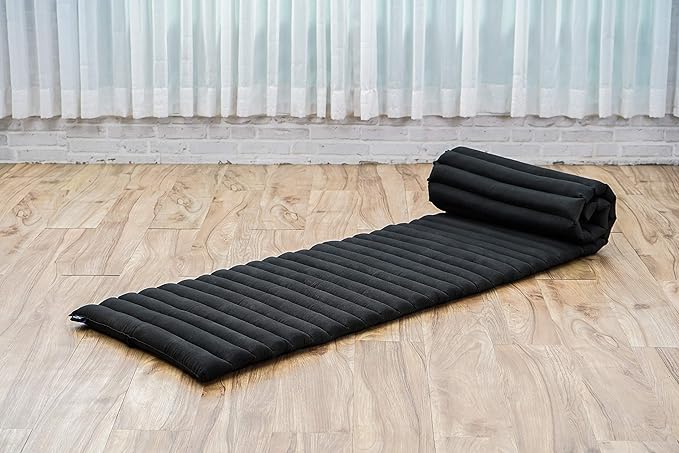 Leewadee - Foldable Floor Mattress - Japanese Roll Up Futon -Trifold Tatami Mat- Guest Floor Bed - Camping Mattress - Thai Massage Mat, Kapok Filled, 75 x 20 inches, Black - Bloomnest