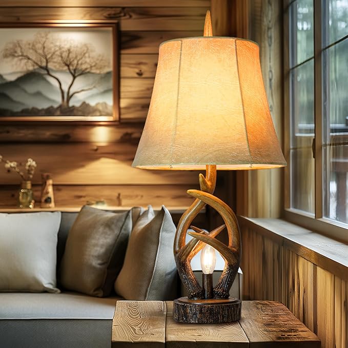 Scenekoy Rustic Farmhouse Antlers Bedside Table Lamp Set of 2 with Nightlight Dual USB Ports Leather Soft Bell Shade Brown Finish nightstand Lamp Decor for Living Room Bedroom Office House Hotel - Bloomnest