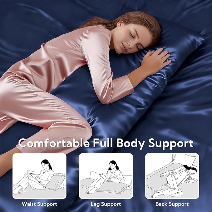 MR&HM Satin Body Pillow Cover, Soft and Breathable Body Pillow Case with Envelope Closure, Cooling and Silky Long Pillowcase for Hair and Skin,Grey (20x54, Navy Blue) - Bloomnest