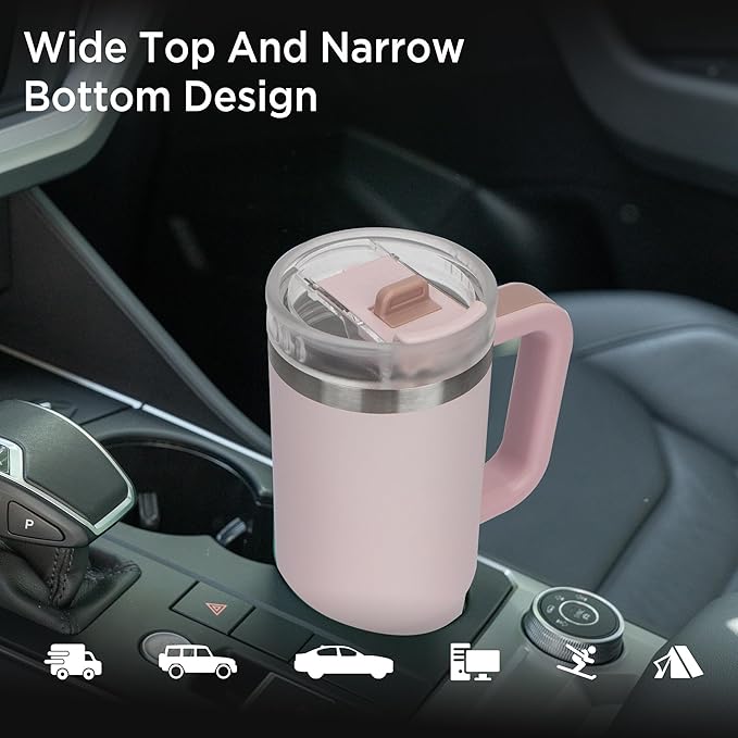 Tyeso 40 oz Tumbler with Handle, Straw and Lid - Leak Resistant Insulated Stainless Steel Water Bottle, Car Cup Holder Friendly Travel Coffee Mug Pink - Gifts for Men & Women - Bloomnest