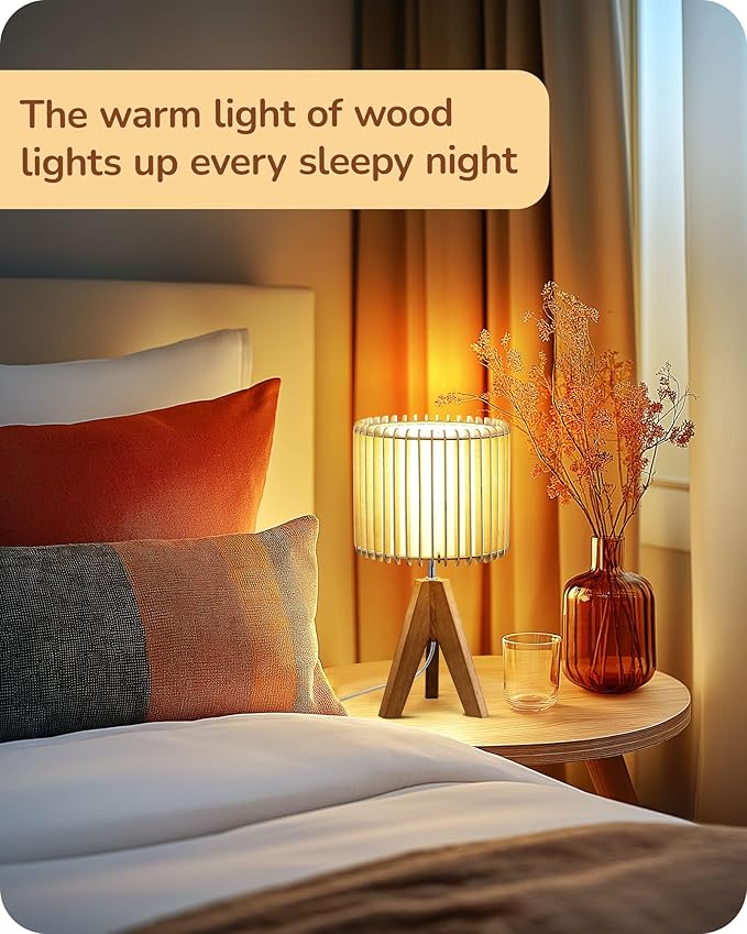 EDISHINE 14.17" Small Table Lamp, Wood Tripod Bedside Lamp, Natural Wood-Colored Hollow & White PVC Shade, E26 Base, Boho Nightstand Lamp for Bedroom, Living Room, Office, Study - Bloomnest