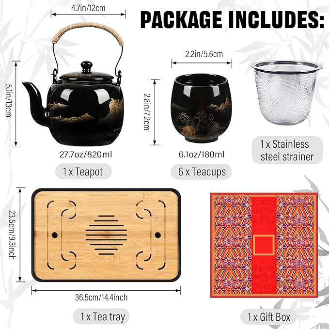 Hushee Japanese Tea Set in Gift Box Asian Porcelain Tea Set with 1 Teapot, 6 Cups, 1 Tray, 1 Stainless Infuser, Black Ceramic Chinese Teapot Christmas Winter Gift for Adult Lover - Bloomnest
