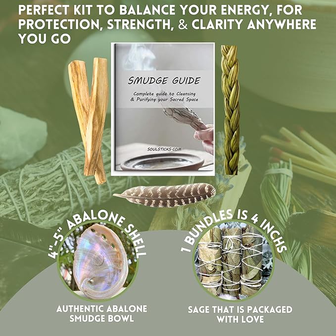 Ancient VEDA Healer's Kit: Complete Sage Smudge Kit Bundle w/Abalone Shell, Palo Santo, Sweetgrass, Turkey Feather & Guidebook – Spiritual and Energy Cleansing, Ritual Supplies, Smudging Essentials AncientVeda