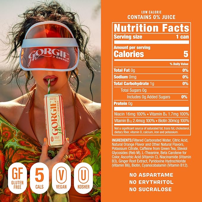 GORGIE Sugar Free Natural Energy Drinks, Jaclyn Hill Orange Twist (12 Pack) Healthy Sparkling Energy Drinks Natural Coffee Replacement with Green Tea Caffeine and Biotin, Vegan, Low Calorie - Bloomnest