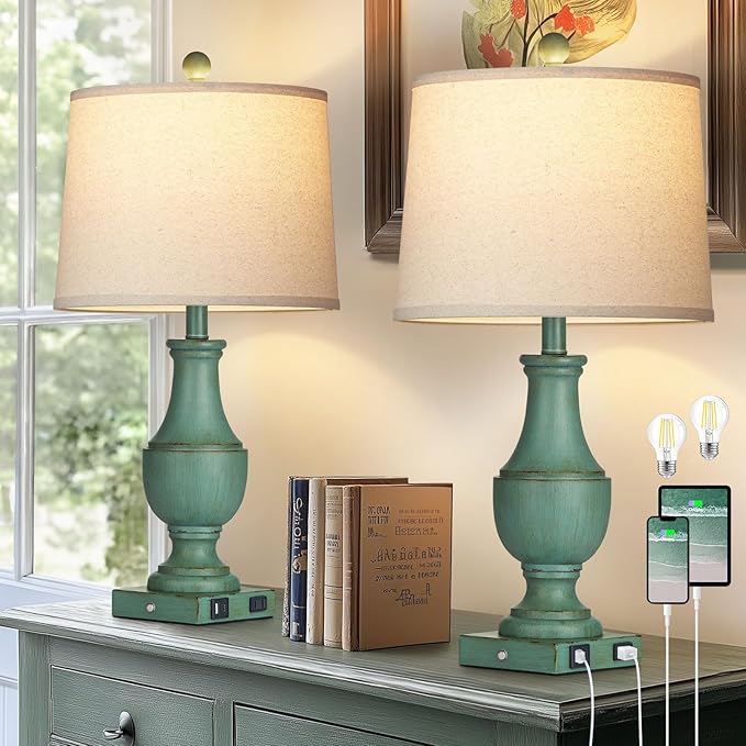 Farmhouse Table Lamp Set of 2, Rustic Touch Control 3-Way Dimmable Lamps with USB A+C Charging Ports & AC Outlet, Vintage Retro Antique Bedside Lamp for Living Room Bedrooms Nightstand Green - Bloomnest