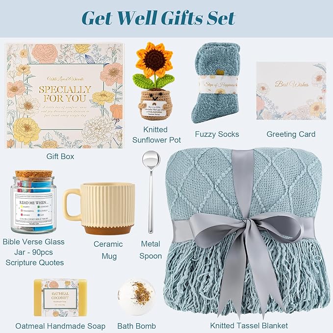 Get Well Soon Gifts Baskets for Women, Spa Self Care Gifts, Thinking of You Gift, Relaxing Sunflower Gift Basket for Her Friends Birthday Valentines Day Mothers Day Luxury Gifts, Blue - Bloomnest
