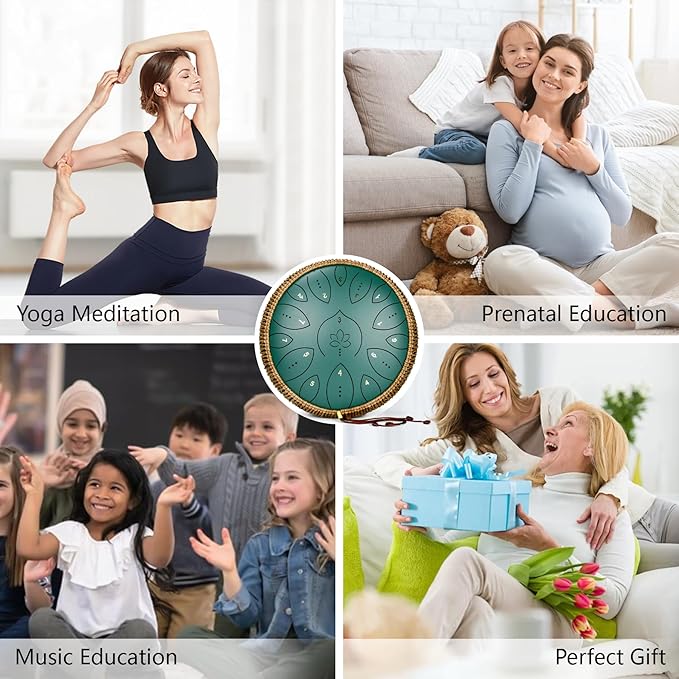 Steel Tongue Drum 13 Inches 15 Notes, Hand Pan Drums for Adults 440hz, C Major Handpan Musical Instrument with Song Book, Mallets and Carry Bag, Green - Bloomnest
