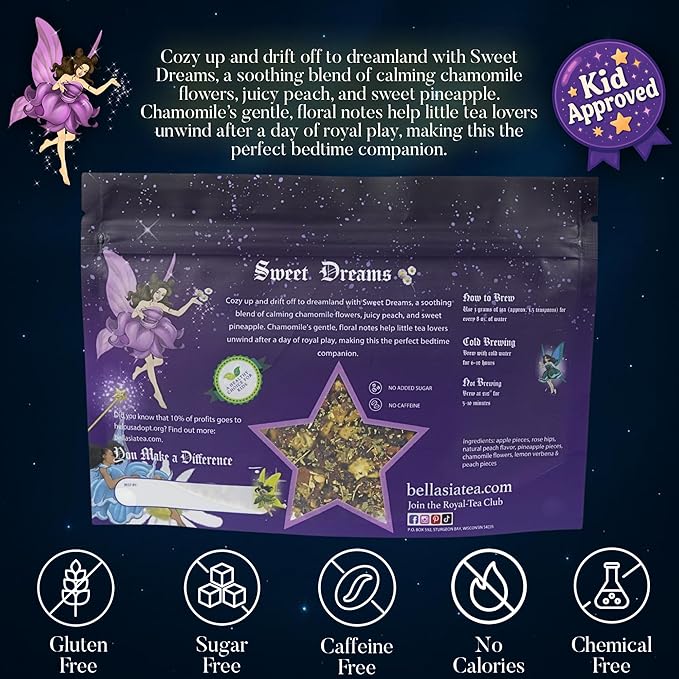 Bellasia Tea Sweet Dreams Cozy Kids Sleepy Time Tea– Relaxing Chamomile Herbal Blend with Real Peach & Pineapple Pieces- Soothing, Caffeine-Free Herbal Tea for Children – Promotes Calm Bedtime Routine - Bloomnest