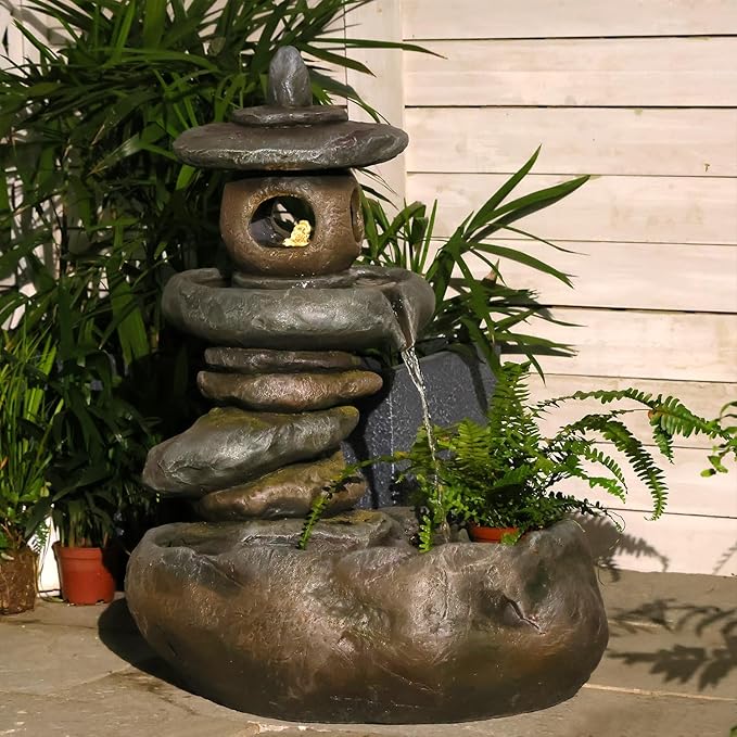 28" H Imitation Rock Pagoda Design Outdoor&Indoor Cascading Water Fountain, Natural Zen Decor Waterfall with LED Lights - Suitable for Garden/Patio/Yard/Deck/Balcony and Home Art Decor （Resin） - Bloomnest