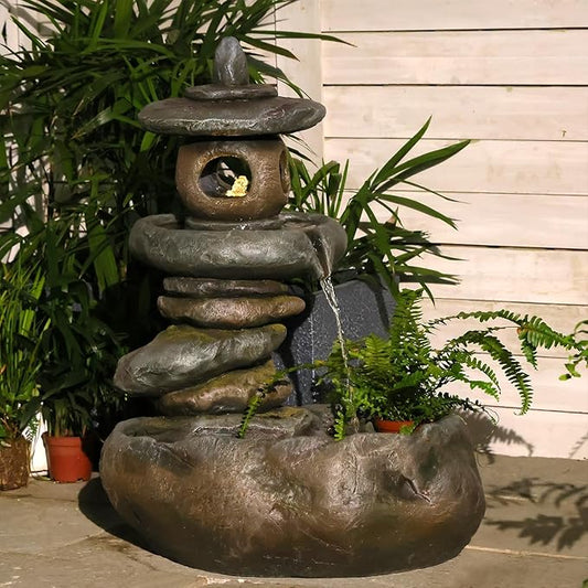 28" H Imitation Rock Pagoda Design Outdoor&Indoor Cascading Water Fountain, Natural Zen Decor Waterfall with LED Lights - Suitable for Garden/Patio/Yard/Deck/Balcony and Home Art Decor （Resin） - Bloomnest