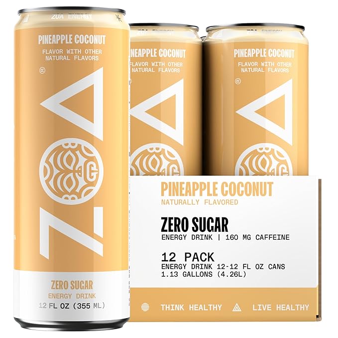 ZOA Zero Sugar Energy Drinks, Pineapple Coconut - Sugar Free with Electrolytes, Healthy Vitamin C, Amino Acids, Essential B-Vitamins, and Caffeine from Green Tea - 12 Fl Oz (12-Pack) - Bloomnest