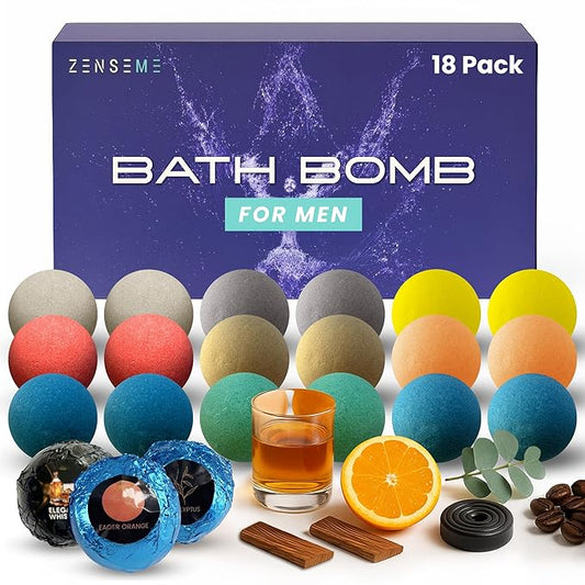 Bath Bombs for Men - Gift Set of 18 Scented Handmade Natural Bath Bombs of 2.5 oz w/Essential Oils, Unique Manly Scents, for Boyfriend, Husband, Father - 18 Pack - Bloomnest