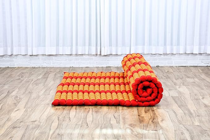 Leewadee - Foldable Floor Mattress - Japanese Roll Up Futon -Trifold Tatami Mat- Guest Floor Bed - Camping Mattress - Thai Massage Mat, Kapok Filled, 75 x 57 inches, Orange Red - Bloomnest