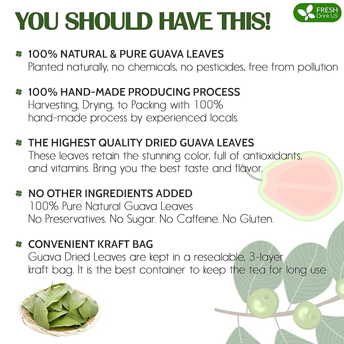 FreshDrinkUS, Premium 50+ Natural Guava Leaves, Whole Dried Leaves, 100% Pure, Natural Guava Loose Leaf Herbal Tea, Non GMO, No Additives, No Caffeine, Vegan - Bloomnest