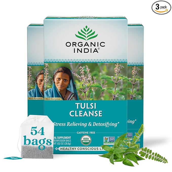 ORGANIC INDIA Tulsi Cleanse Tea - Holy Basil, Ginger, Turmeric, Herbal Tea, Stress Relieving & Cleansing, Immune Support, Adaptogen, Organic, Non-GMO, Caffeine-Free - 18 Infusion Bags, 3 Pack - Bloomnest