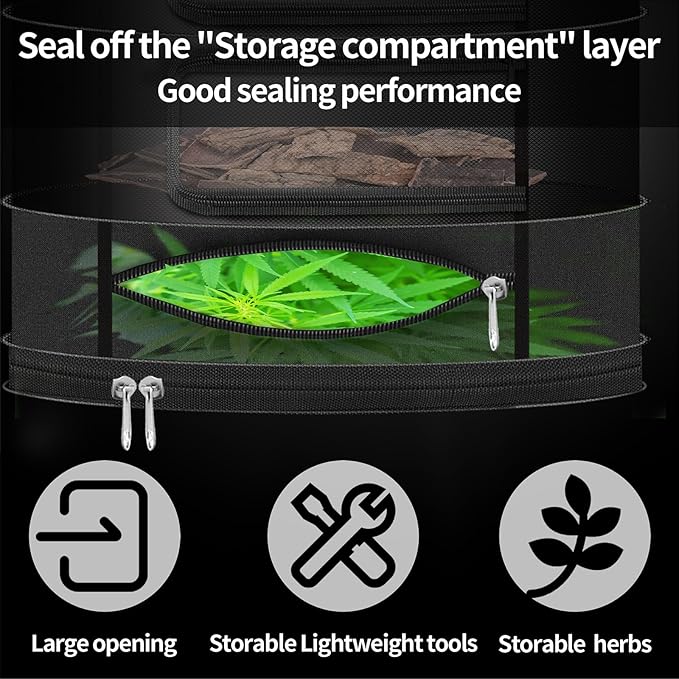 Herb Drying Hanging Mesh Rack - 1ft Diameter (D12xH21 inch) 2+1 Layer, Foldable Plant Drying Net with U-Shaped Zipper & Storage Pouch - for Herbs, Plants, Flowers, Fruits, Food - Bloomnest