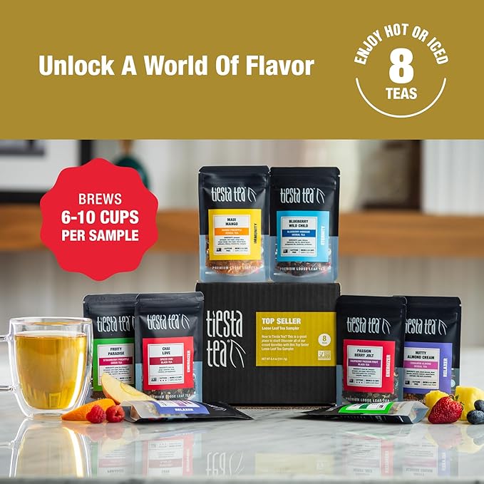 Tiesta Tea - Favorites Starter Sampler Dry Flight Set, Loose Leaf, High to No Caffeine, Makes Hot & Iced, Assorted Tea Sets with Herbal, Black, Fruit Blends & More, 8 Resealable Sample Pouches - Bloomnest